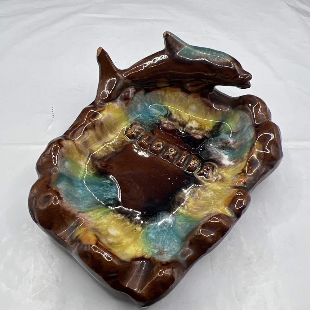 VTG MCM Florida Dolphin Souvenir Ceramic Ashtray Drip Glaze Catchall